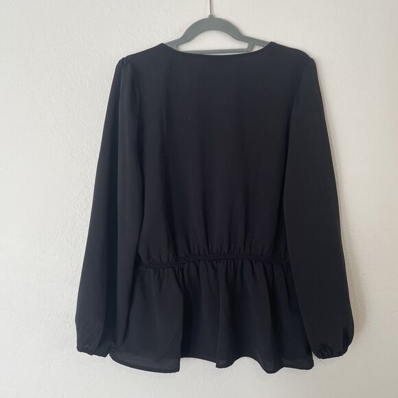 Alfani Smocked Peplum Top Black LARGE Buttons Long‎ Sleeve Office Dressy *READ - Picture 5 of 9